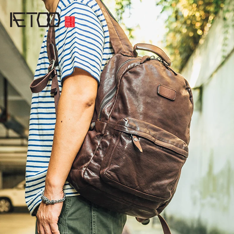 

BJYL Cowhide men's doubles shoulder bag retro trendy head layer leather backpack