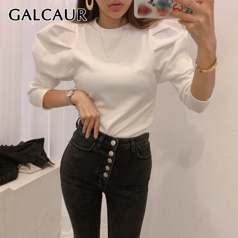 

GALCAUR Vintage Minimalist Women's Blouses O Neck Puff Long Sleeve Korean Autumn Oversize Shirt Female Fashion 2019 Clothing New