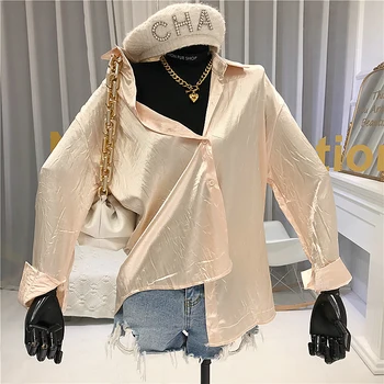 

Fashion Turn-down Collar Casual Shirts Streetwear Loose Poplin Solid Full Sleeve Bluzki Letnie Damskie Plain Women Shirt