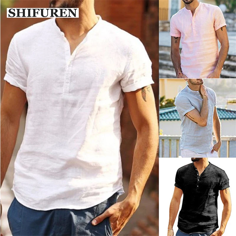 

SHIFUREN Men's Summer Short Sleeve Cotton Linen Shirts Casual Breathable chemise homme Streetwear hawaiian Tops Loose Size M-3XL