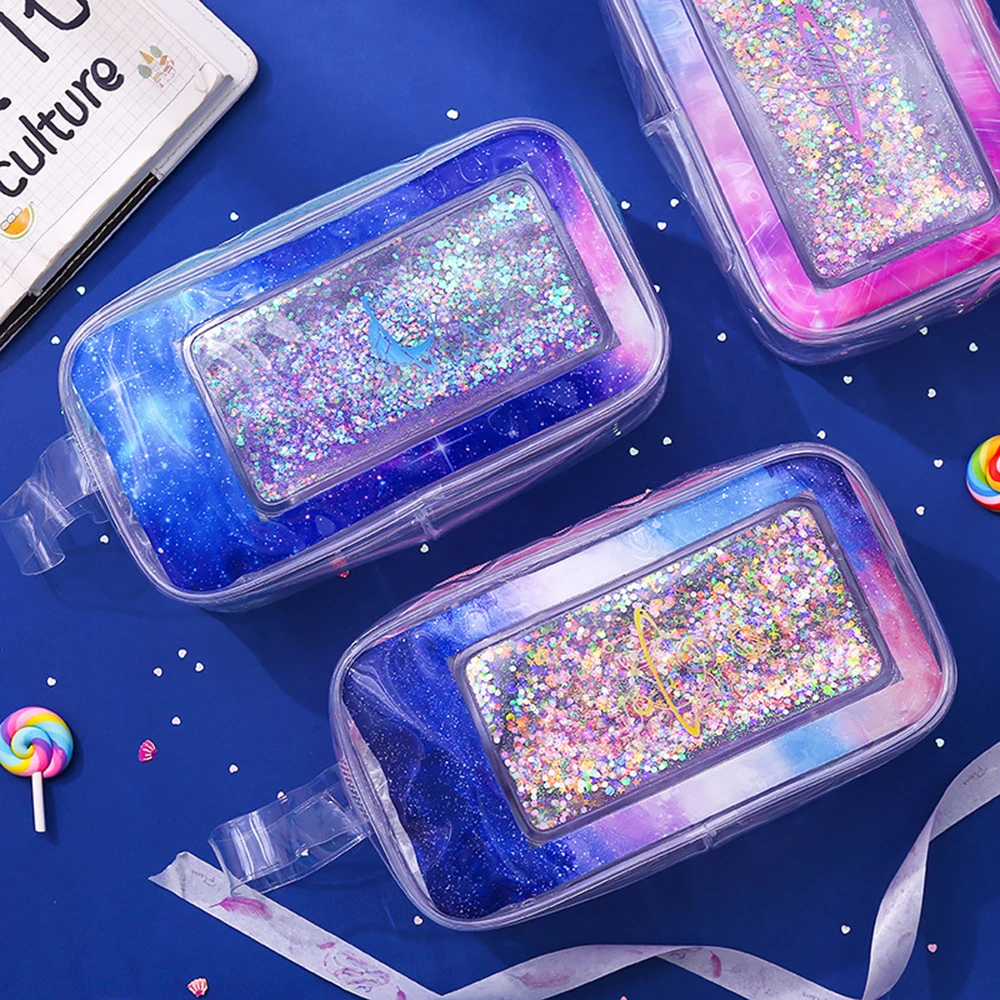 

1 Pcs Creative PVC Pencil Case Shine Quicksand Large Capacity Cosmetic Bag Pouch Stationary Storage Bag Y School Supplies