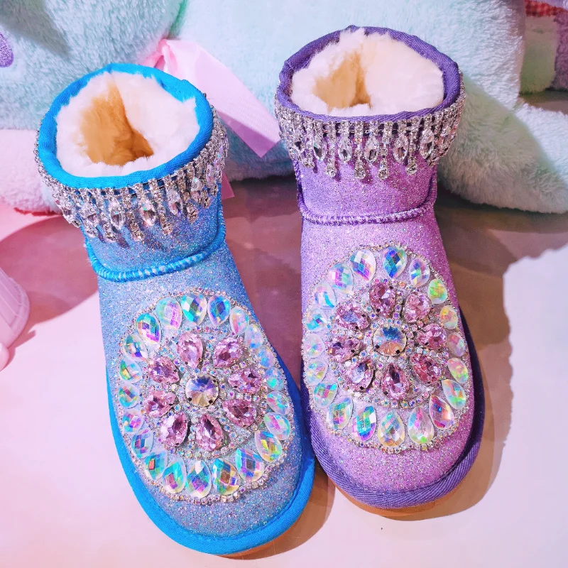 

Womens Round Toe Ankle Boots Sequins Bling Rhinestones Crystal Fleece Thick Warm Winter Snow Shoes Low Heel Luxury Plus Sz A1714