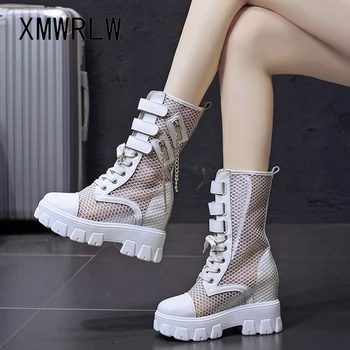 

XMWRLW Breathable Mesh Women Summer Boots Hidden Heel Ladies Boot Shoes 2020 Summer Women Hook & Loop Casual Boots Woman Shoes
