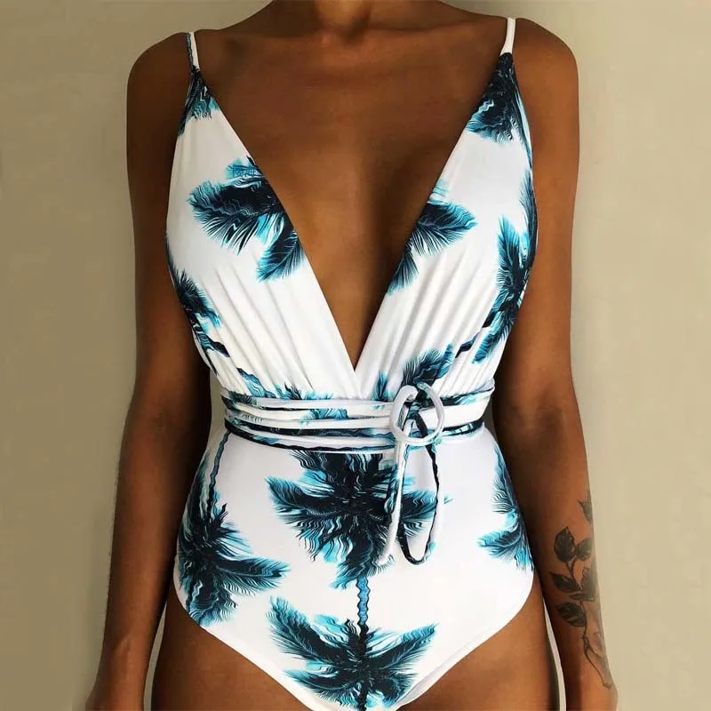 

Strap Print One Piece Swimsuit 2019 Multiple Ways Of Wearing Swimwear Women Tankini Monokini Badpak Biquini Mujer Maillot XL