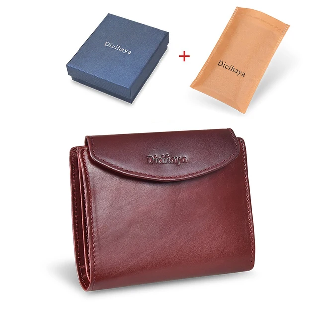 DICIHAYA Genuine Leather Women Wallet Coin Purse For Girls Female Small Portomonee Lady Purse Money Bag Card Holder Mini Clutch retro red with box