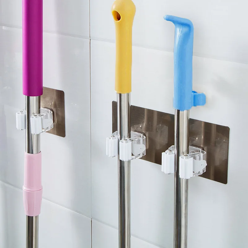 Kitchen Bathroom Adhesive Multi-Purpose Hooks Wall Mounted Mop Organizer Holder 