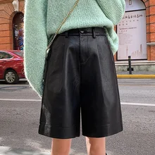 S 4XL moda couro do plutônio shorts das mulheres outono inverno bermudas cintura elástica solto cinco pontos calças de couro plus size shorts