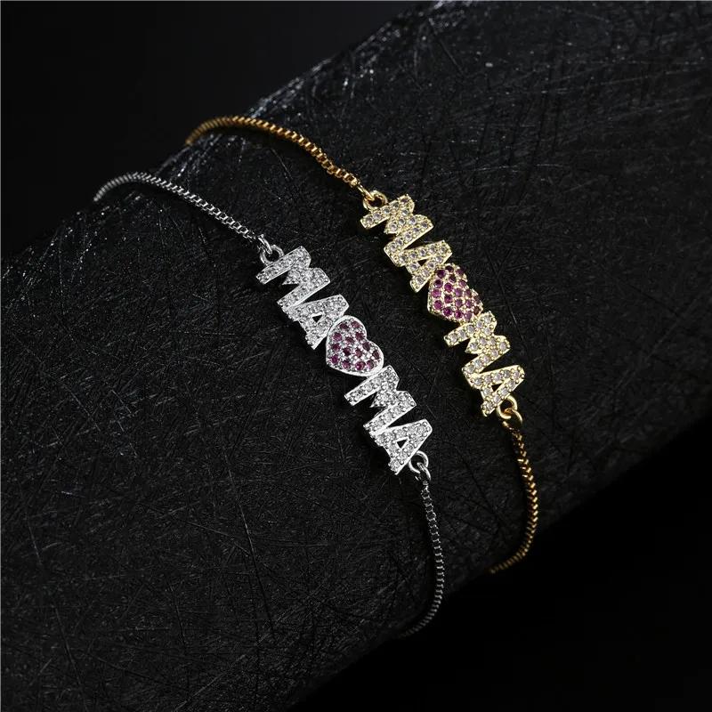 Fashion Gold Color "Mama" Charm Bracelets For Women Girl Adjustable Chain Length Luxury CZ Jewelry Gift For Mom