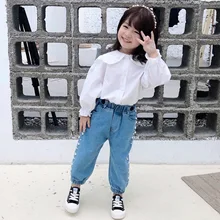 Джинсы для девочек коллекция года, осенняя одежда новые стильные брюки свободного кроя на весну и осень штаны с жемчужинами детский корейский стиль, западный стиль