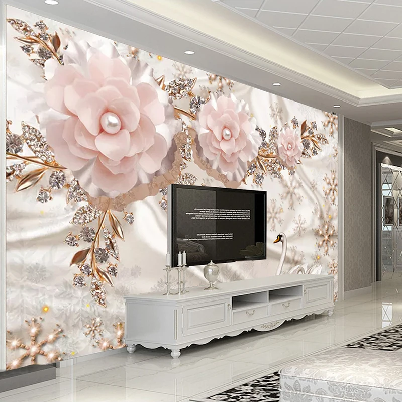 Custom-Photo-Wallpaper-3D-Luxury-European-Style-Swan-Jewelry-Flowers-Living-Room-TV-Background-Wall-Decor
