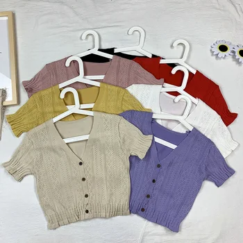 

Hollow Out V-neck Brief Paragraph Of Knitted Cardigan Woman Fire Prevent Bask In Summer Shirt Woman With Short Sleeves