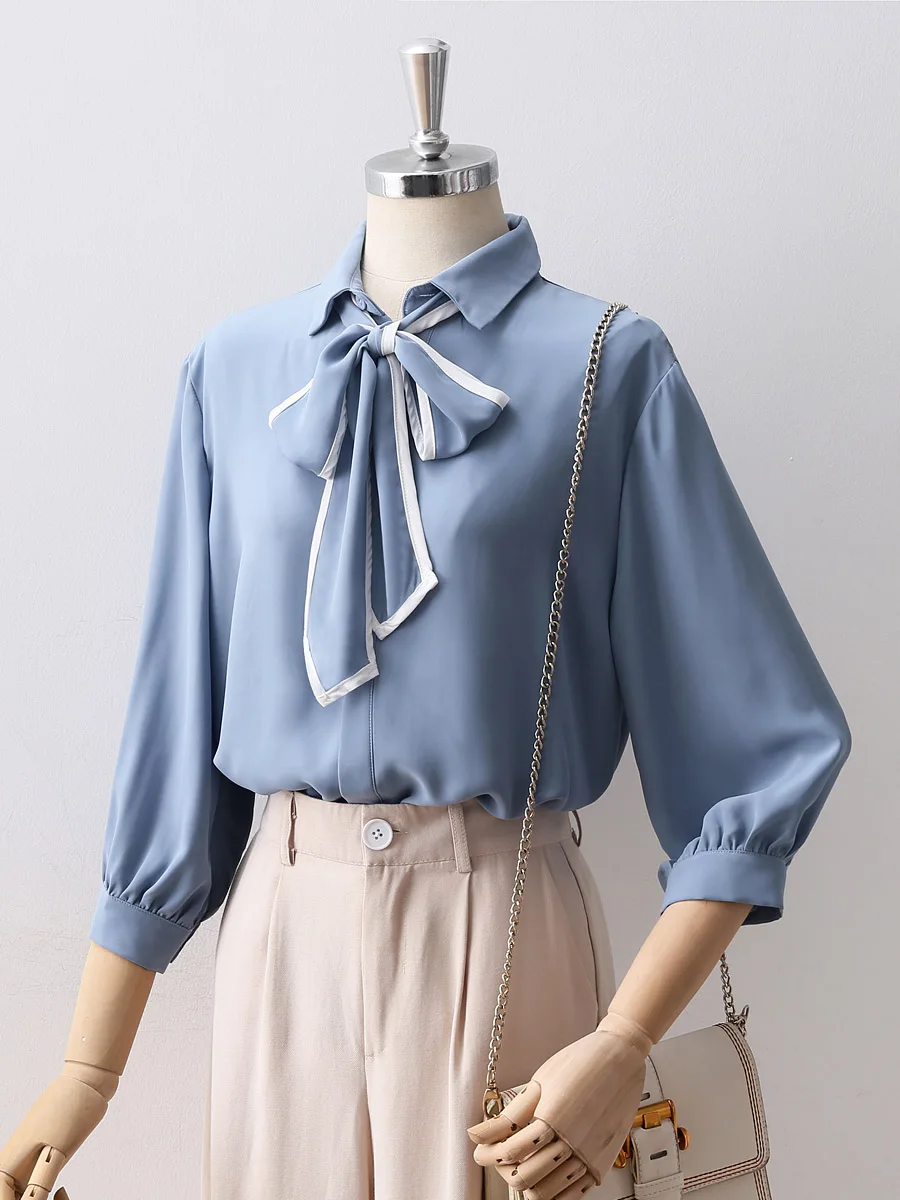 chiffon bow neck women blouse and shirts solid half-sleeved solid office lady elegant shirts outwear tops