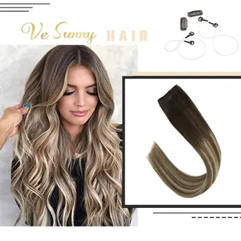 

VeSunny Invisible Halo Hair Extensions Real Human Hair Flip in Wire with 2 Clips on Balayage Brown Blonde Highlights #3/8/24