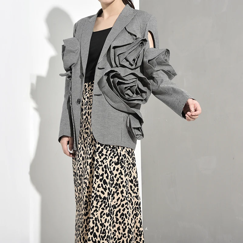 Best  [EAM] Loose Fit Plaid Three-dimensional Hollow Out Jacket New Lapel Long Sleeve Women Coat Fashion 
