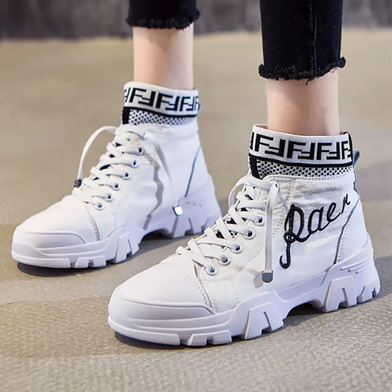 

Women's Sneakers Platform Genuine Leather Lace up High top Canvas shoes for girls Antiskid Breathable Casual shoes woman Fashion