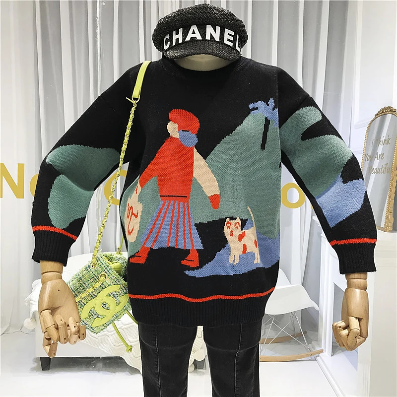 

Women's Sweater with A Pattern Character O-Neck Women Sweater and Pullovers 2019 Autumn Winter Warm Knitted Sweater for Women