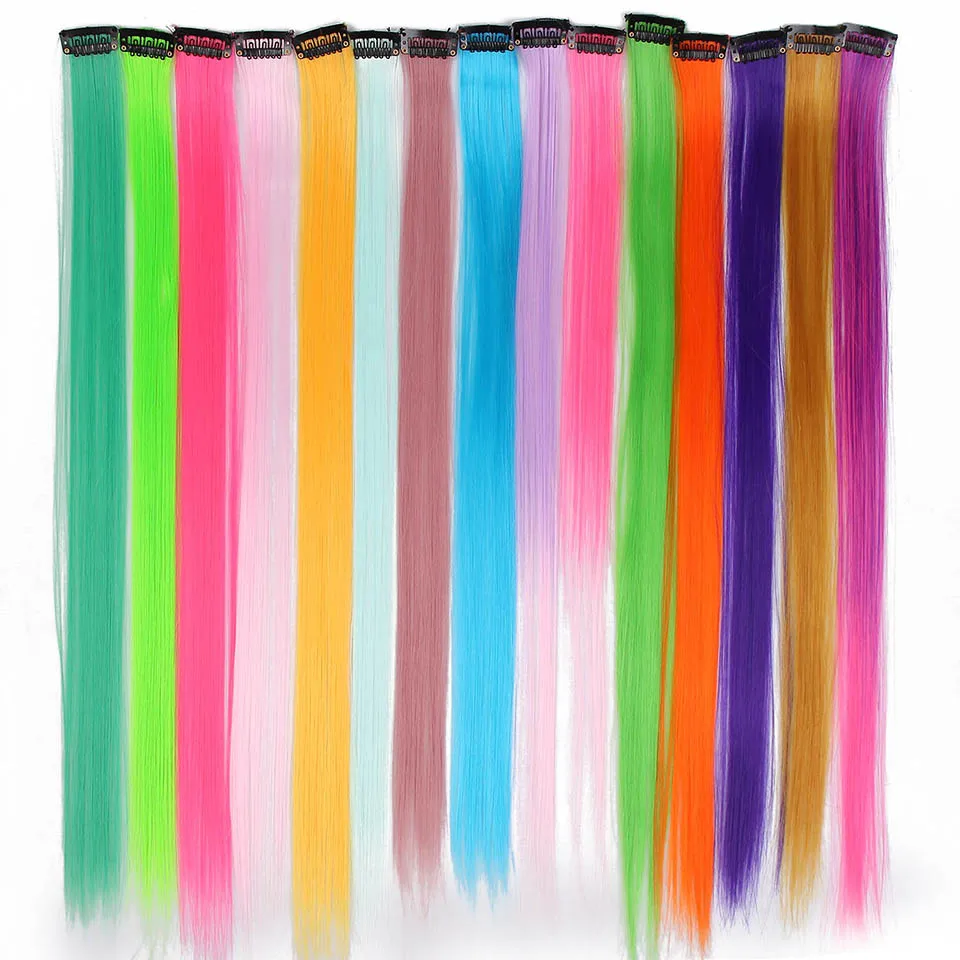 Энергичные 20 дюймов Длинные цветные прямые волосы синтетические волосы клип в одном куске 45 цветов термостойкие для девочек