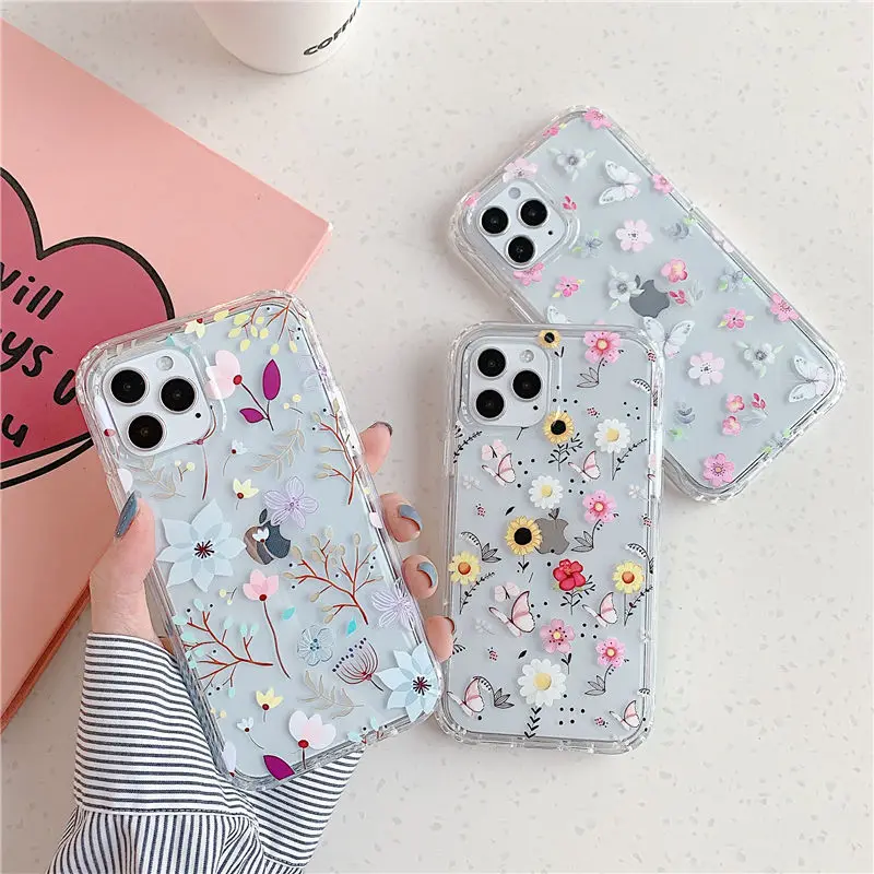 Flowers Leaves Butterfly Phone Case For iPhone 13 12 11Pro Max XR XS X 7 8 Plus SE 2020 12Pro Shockproof Bumper Clear Cover | Мобильные