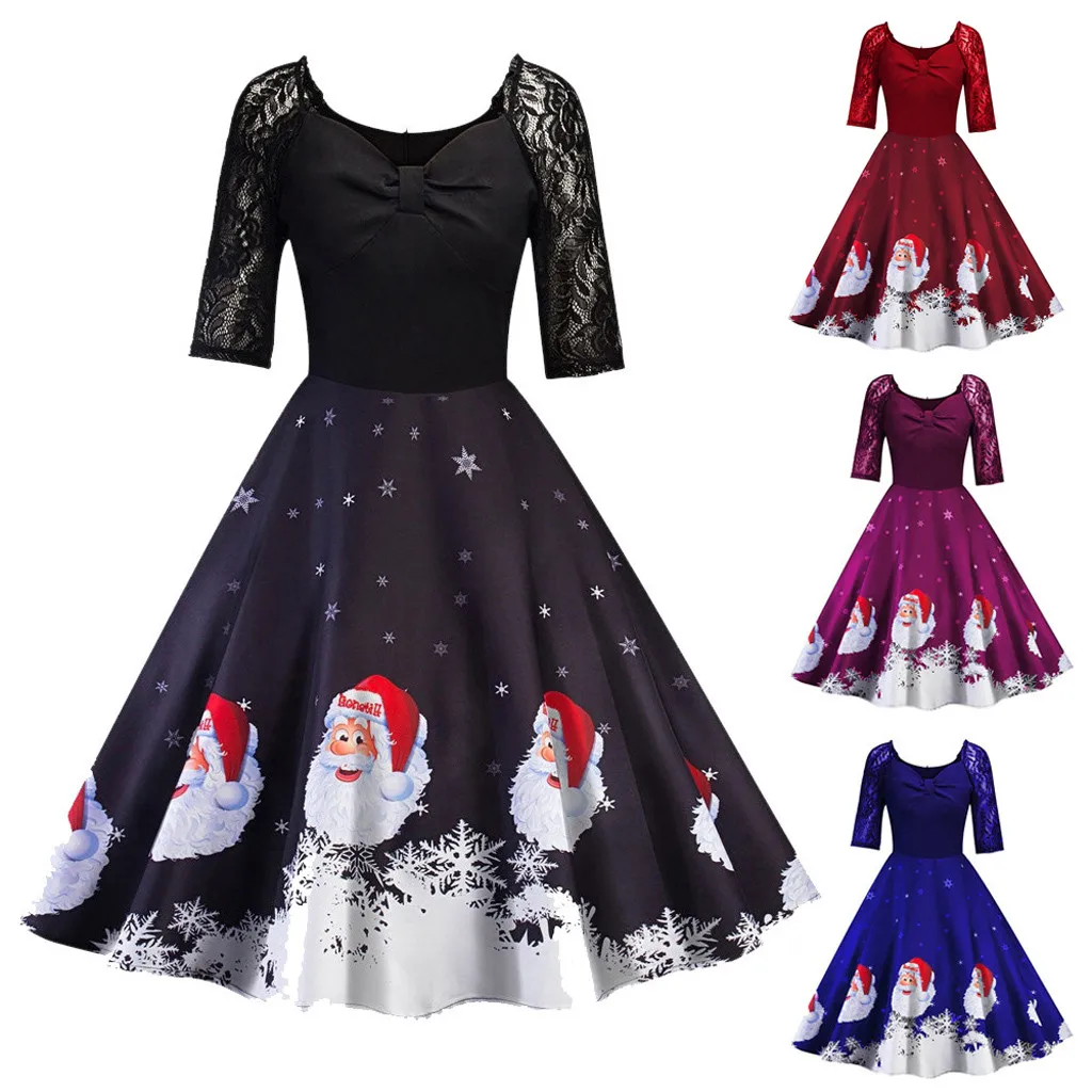 Ночнушка# W401 новое модное платье рождественское женское платье с коротким рукавом Кружевное лоскутное печатное винтажное платье Вечерние платья