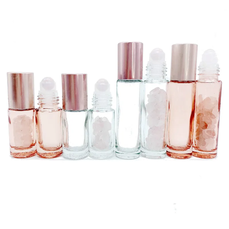 10pcs Rose Quartz Roller Bottle 5ml 10ml Pink Glass Essential Oil Bottle Refillable Travel Bottles Natural Gemstone Pink Crystal