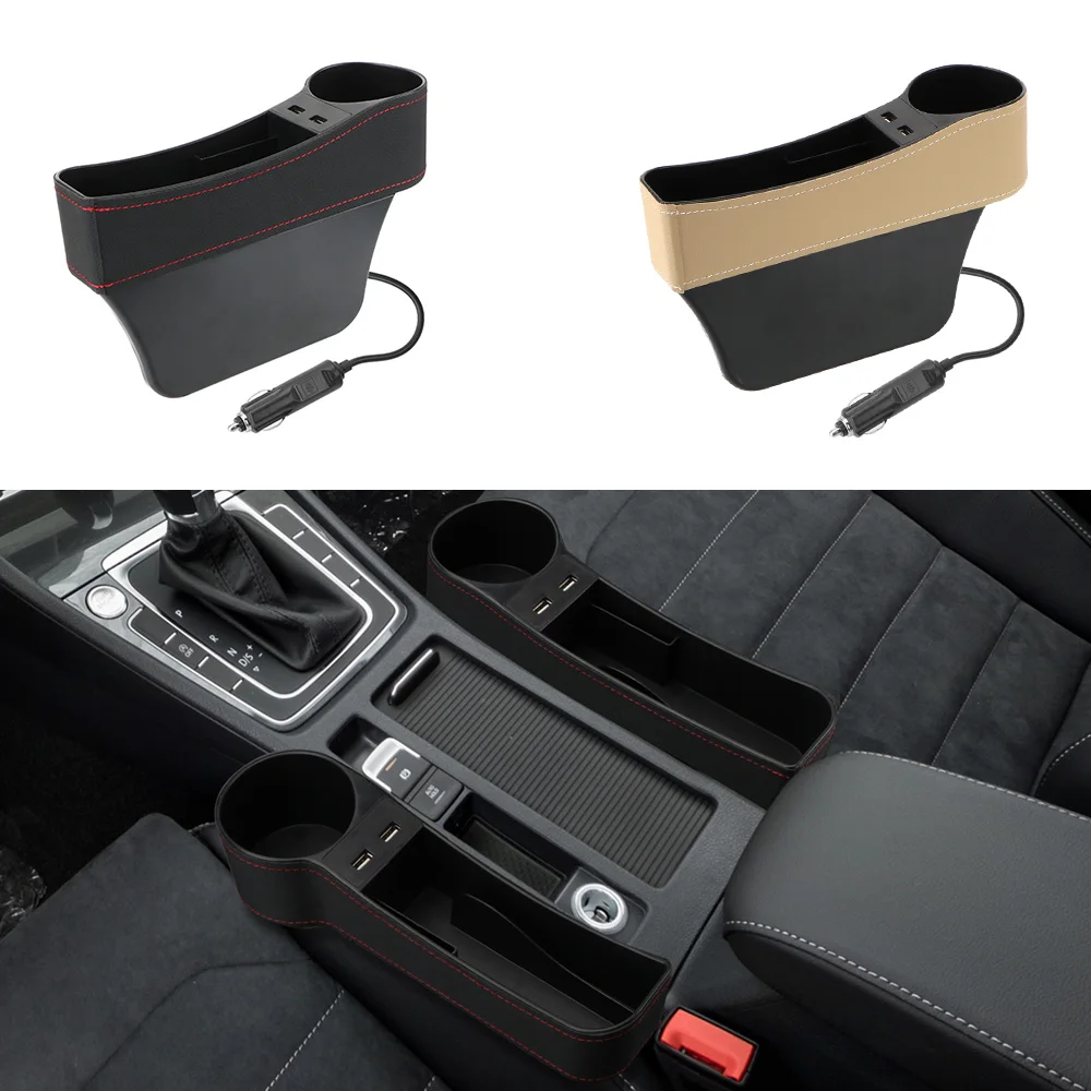 Car Organizer Dual USB Charger Seat Gap Slit Box Phone Bottle Cups Holder Box Car Accessories Leather Car Seat Gap Storage Box