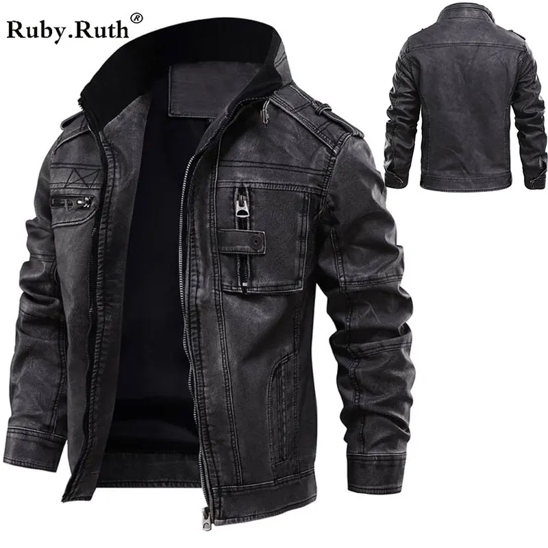 brown biker jacket Winter Men Leather Jacket Fashion Motorcycle PU Cool Zipper Pockets Leather Coats EU Size men's genuine leather coats & jackets