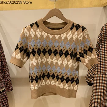 

Law Single 2020 Summer College Wind Wool Blended Diamond Plaid Short Sleeve Women's Wear Knitting Shirt 20047