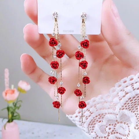 Rose Petal Drop Earrings for Women Crystal Rhinestone Flower Long Tassel Dangle Earrings Female Wedding Party Jewelry Gi