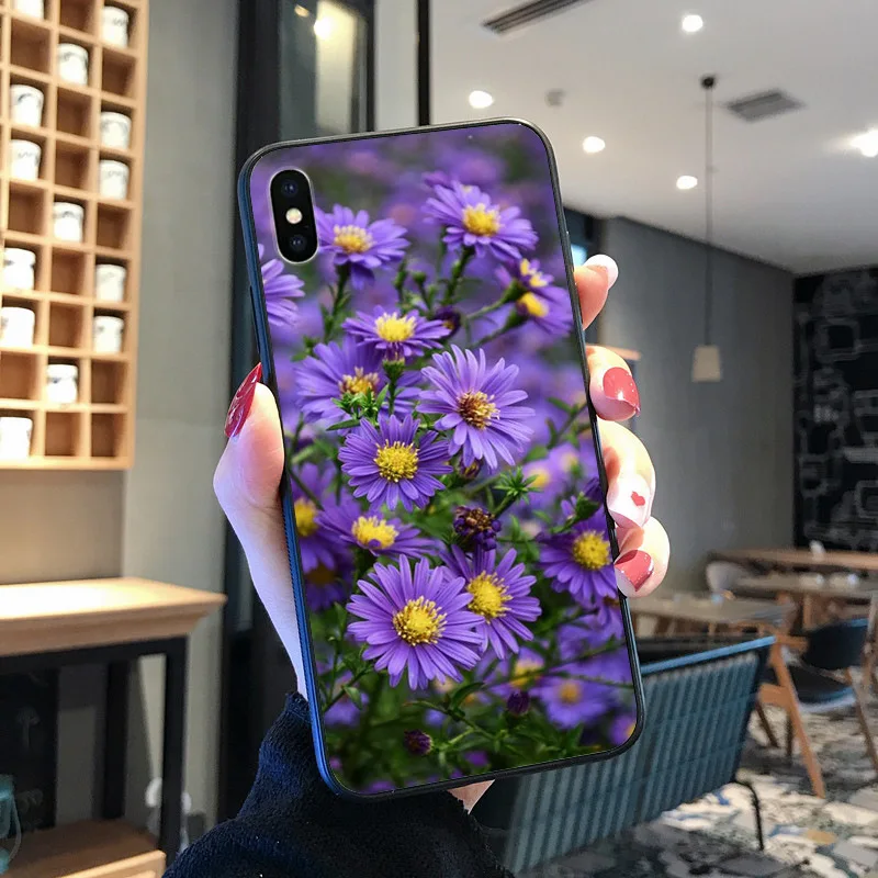 Kecil Bunga Aster Bunga TPU Hitam Ponsel Case Shell UNTUK iPhone 8 7 6 6S Plus X XS MAX 5 5S SE XR 11 11pro Promax Ponsel