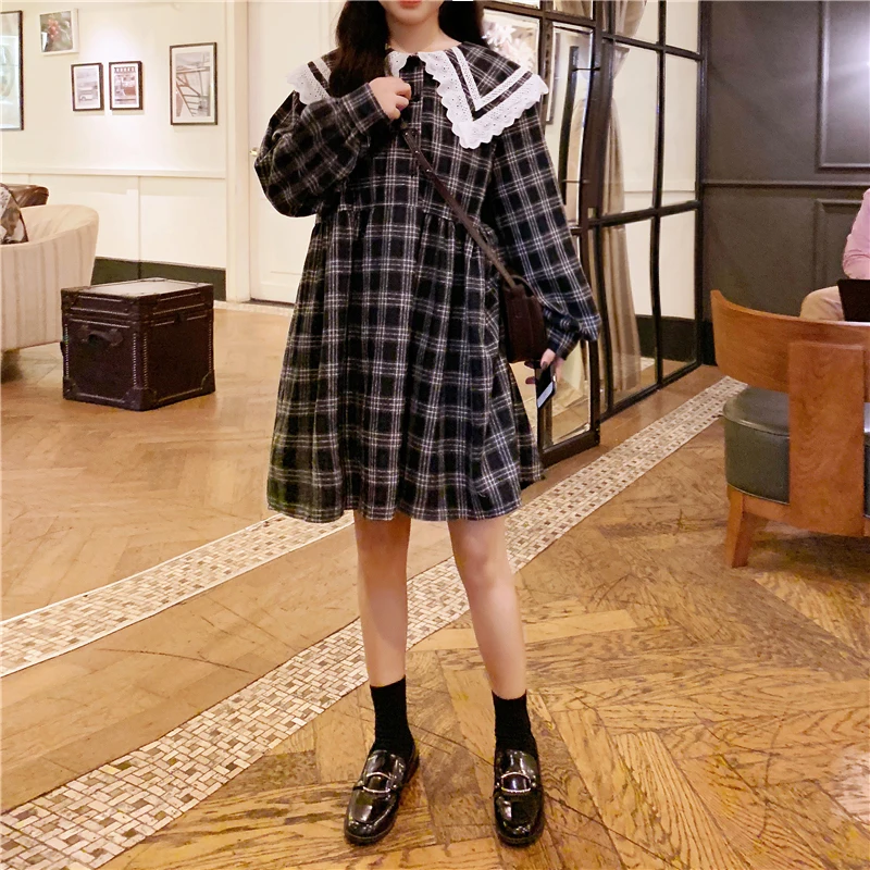 

Spring Autumn New Casual Dress Literary Vintage Plaid Lace Peter Pan Collar Teens Girls Loose Lolita Style Long-sleeved Dresses