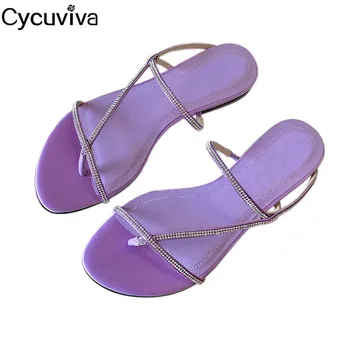 

Sexy Flip Flops Flats Rhinestone Women Slippers Purple Crystal Ladies Shoes Summer Flat Sandals Mules Fashion Beach Shoes Woman