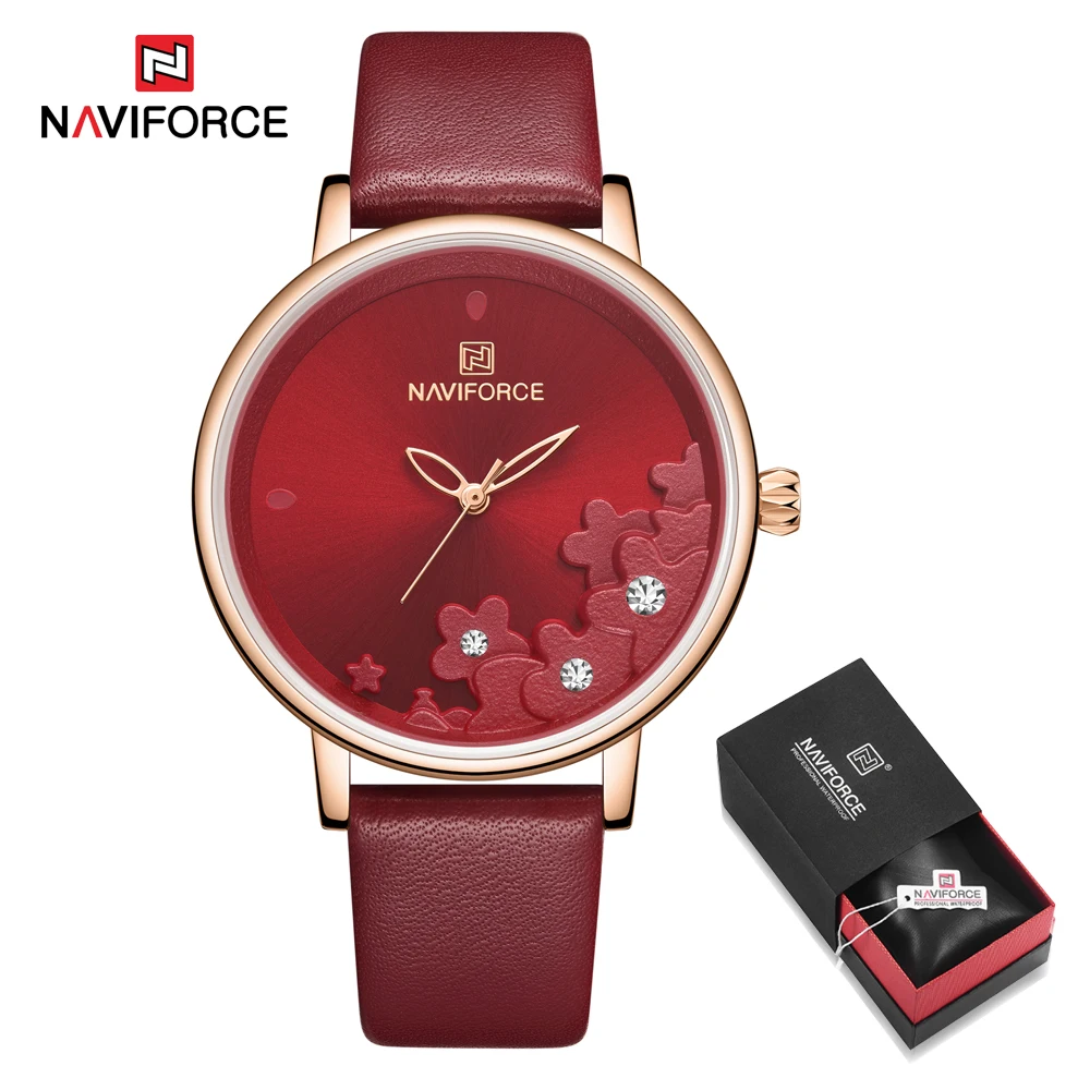 NAVIFORCE, новинка, часы с красным кожаным ремешком, женские часы, женские Кварцевые водонепроницаемые наручные часы, женские часы - Цвет: Red in Box