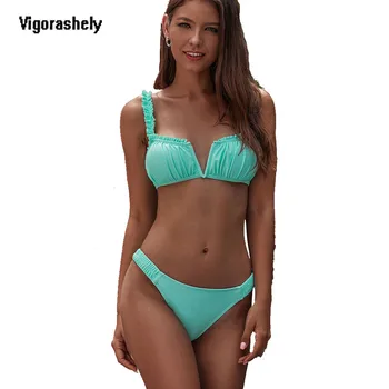 

Vigorashely Sexy V Solid Swimwear Women Push Up Bikini 2020 Swimsuit Female Ruffle Bikini Set Biquini Bathing Suit Swim Wear