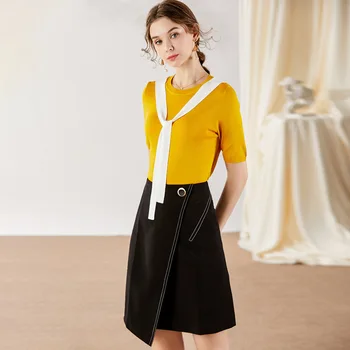 

2 Piece Set Women 2020 Spring Summer Round neck Short Sleeve Striped Elastic Knitted Top + Irregular Skirt Suits Female S-XL