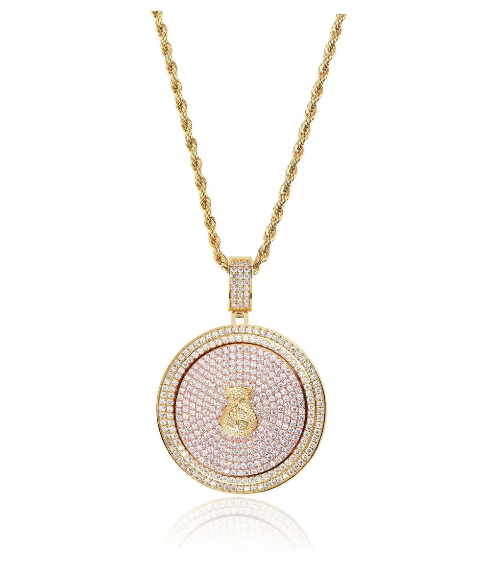 

Iced Out Chain 18K Gold Plated Fully Zirconia Simulated Diamond Rotatable Disc Purse Hip Hop Pendent Necklace for Men