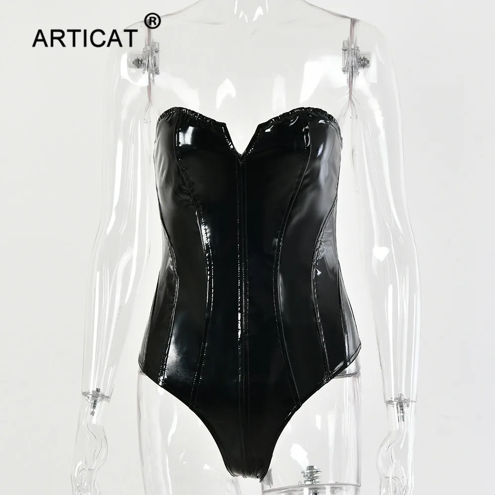 Articat, черный сексуальный боди из искусственной кожи, женские топы без бретелек, Облегающий комбинезон, женский комбинезон, модные вечерние комбинезоны на Рождество