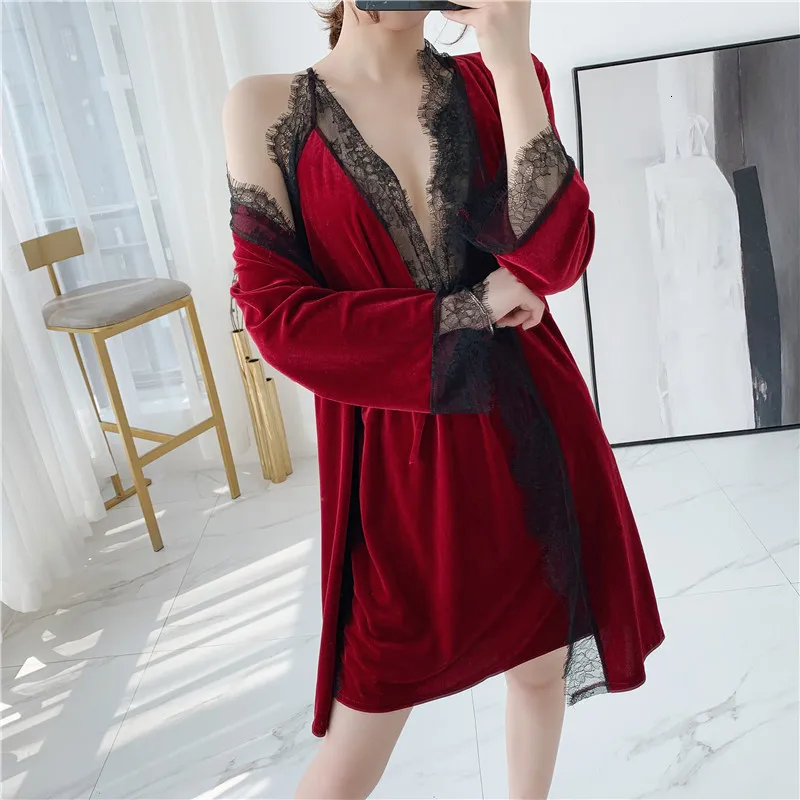 Winter New 2 Pcs Gold Velvet Robe Set Keep Warm Thicken Woman Spaghetti Strap Robe Twinset Bathrobe