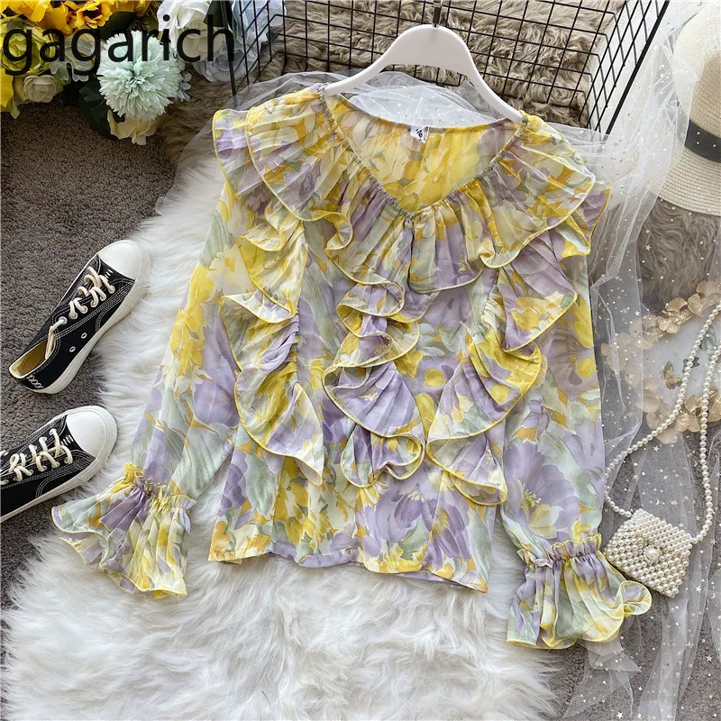 

Gagarich Sweet Girls Floral Chiffon Blouses Spring Korean Loose Elegant Tops Femme Fashion Ruffles V Neck Flare Sleeve Shirt