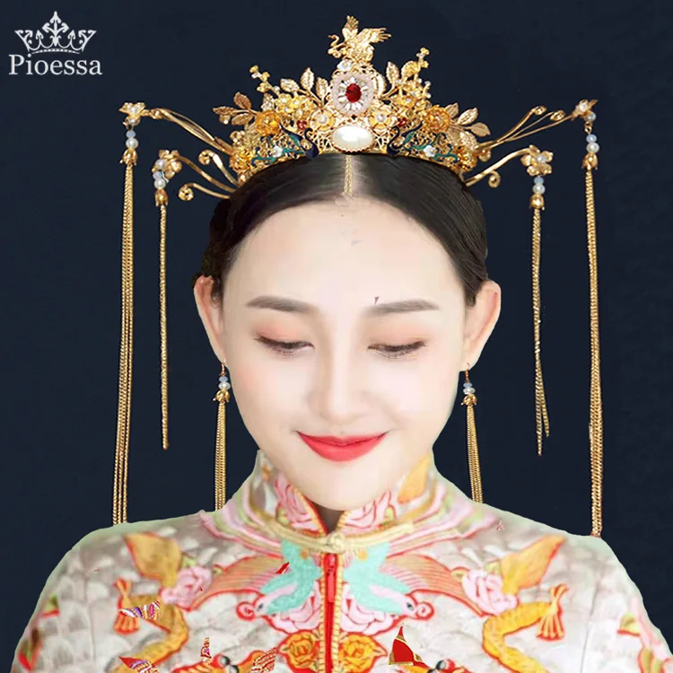

Luxury Fashion Bride Chinese style pearl tassel hairpin haircomb earrings set Xiuhe clothing headdress Hanfu accessories Jewelry