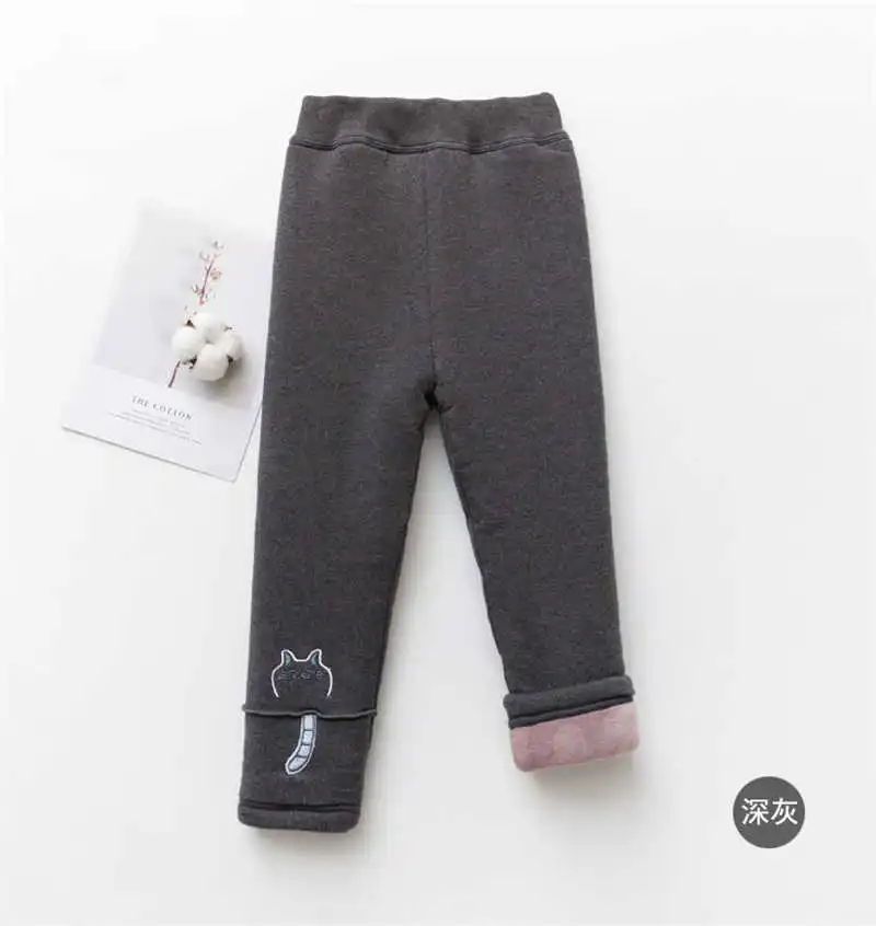 Теплые хлопковые леггинсы для девочек; зимние детские штаны из плотного бархата с рисунком кота для маленьких девочек; детские брюки; одежда; расклешенные брюки - Цвет: Темно-серый