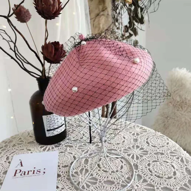 Chic Wool Blend Vintage London Beret With Veil Mesh Show Double Layer Women Beret Beanies Cap For Ladys Banquet Pink