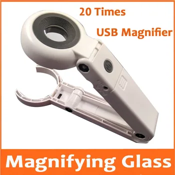

20X 21mm Lens USB Illuminated Handheld Desk Type Table Lamp Reading Magnifier 20 Times Magnifying Glass with 6pcs LED Lamps