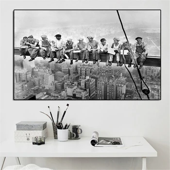 

Vintage Canvas Painting Modern Home Decoration New York City View Lunch On a Skyscraper Wall Art Picture Black and White Poster