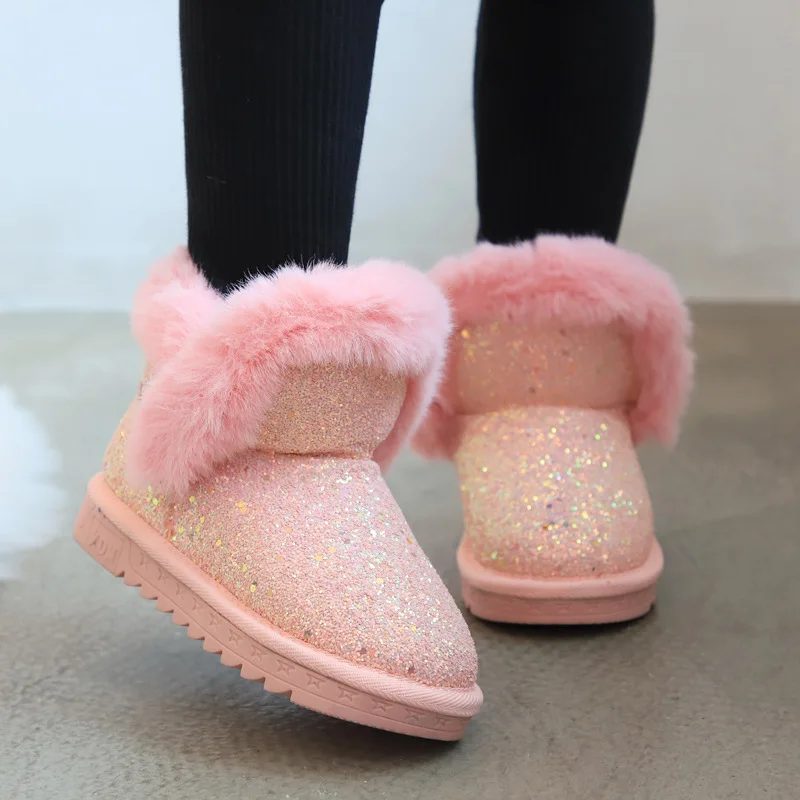 Зимние сапоги для девочек, зимняя теплая детская обувь на плоской подошве с круглым носком, детские мягкие сапоги розового, черного, золотого цвета, размеры 27-37, B418 - Цвет: Розовый