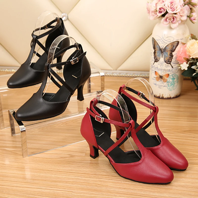 Zapatos de baile latino, Sandalias de tacón alto para baile deportivo de  mujer, zapatos de baile de cuero rojo y negro - AliExpress