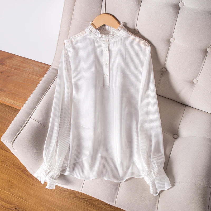 SuyaDream настоящие шелковые белые блузки Женский полосатый воротник-стойка с длинными рукавами офисная блузка осенние Рубашки