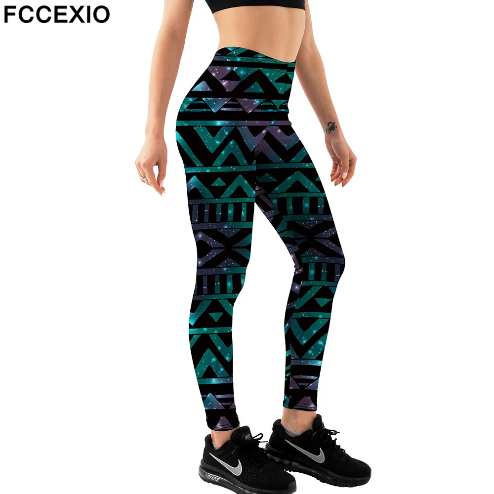FCCEXIO Brands Seamless Women Black Leggings Aztec Printing Sexy High Waist High Elastic Milk Silk  Fitness Leggings