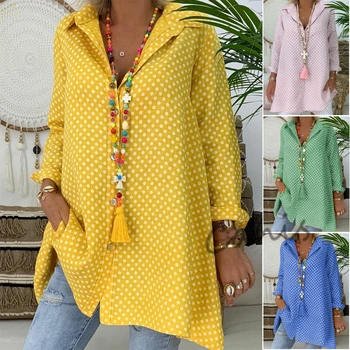 

Fashion Women Ladies V-Neck Casual Blouse Long Sleeve Polka Dot Printed Shirt New