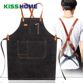

Korean fashion denim apron custom logo printed milk tea shop barista waiter Chinese restaurant same work clothes
