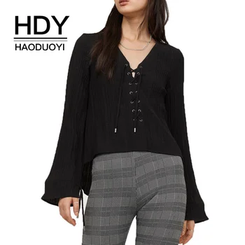 

HDY Haoduoyi Lace-up Shirt Pleated Muscle Texture Natural Leisure Style Wind Strap Cuffs V-neck Drawstring Loose Tops